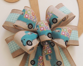 Flowers Farm truck bow, Sparkle Burlap rustic Farm truck Bow, Teal burlap Farmhouse bow, Spring flowers vintage truck lantern Bow, farm bow