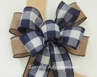 Farmhouse Burlap Bow, Navy Buffalo Check Wired Ribbon