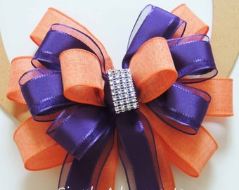 Purple Orange Bow, Orange Purple Wedding Pew Bow, Purple Tangerine Church Aisle Bow, Lantern bow, Purple Orange Wreath Bow, Graduation Bow