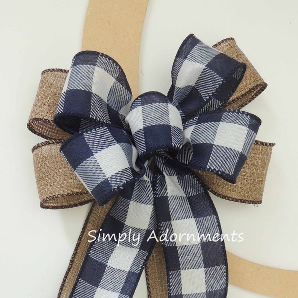 Farmhouse Navy Buffalo Check Gift Bow,  Burlap Navy check door bow, Rustic Navy White Check farmhouse Bow, Rustic patriotic Navy basket bow