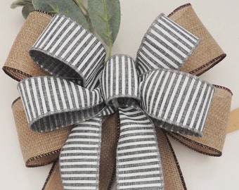 Farmhouse Gray Stripe Bow, Faux Burlap Grey Stripe bow, Farmhouse Bow, Everyday bow, Rae Dunn Wreath Bow, Grey White Stripes bow Door bow