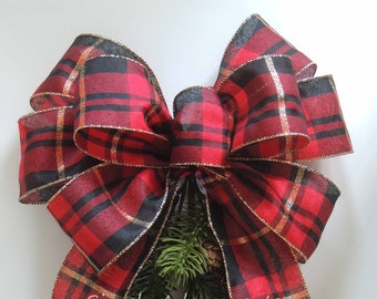 Christmas Plaid Bow, Red Black Gold Christmas Bow, Red Black Tartan Wreath Bows, Christmas Plaid Door Hanger Bow, Red Black Tree Topper bow