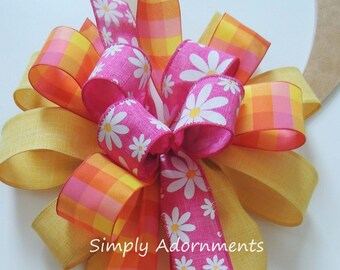 Yellow pink Flower bow, Spring Plaid Wreath bow, Spring Floral wreath Bow, Summer Floral Lantern Bow, Spring flower bow, basket Gift Bow