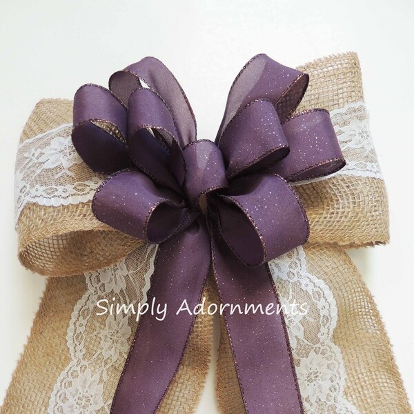 Purple Burlap Lace bow, Burlap Purple and lace Bow, Purple Burlap Lace Wedding Bow, Shabby Chic Purple Burlap Chair Bow, Wedding sign bow