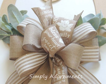 Tan White Farmhouse BOW ONLY , Rustic Tan Farmhouse Stripes bow, Everyday Southern bow, Farmhouse lantern Bow, Door bow, Farm Tan Beige Bow