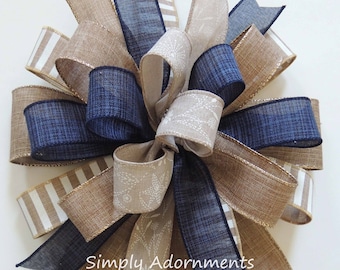 Navy tan Farmhouse Bow, Navy Tan Farm Wreath Bow, Cottage Wreath Bow, Farmhouse lantern Bow, Tan Stripe bow, Navy Beige farmhouse Wired bow