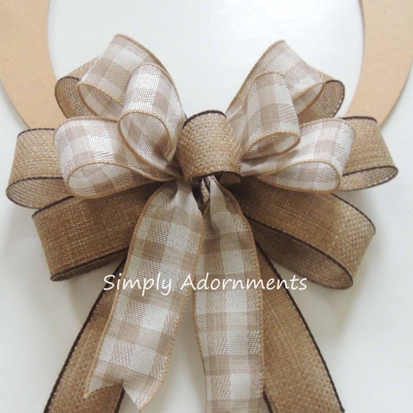 Vintage Burlap Tan check Bow,  Farmhouse Tan Check Bows Rustic Burlap Tan plaid Bow, Beige Farmhouse Bow for Sign Door, Lantern Bow gift bow