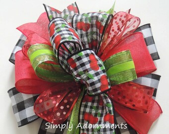 Cherry on check Bow, Summer Wreath bow, cherry summber wreath bow, Summer party decor, Cherry door Bow, Summer Birthday Decoration, Gift Bow