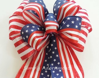Patriotic Wreath Bow, Stars and Stripes July 4th Door Bow, Fourth of July bow Wired Ribbon bow