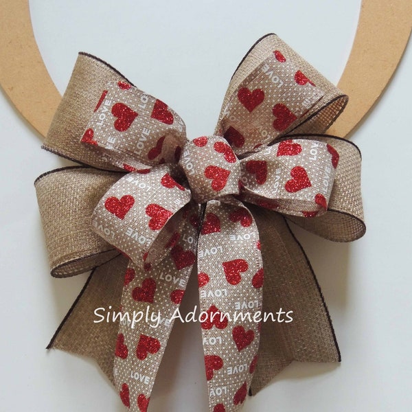 Rustic Valentine bow, Farmhouse Valentine Bow, Valentine Red heart Burlap Bow, Valentine Burlap Wreath Bow, Valentine door Bow, Gift Bow