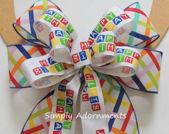 Multicolored Happy Birthday Bow, Red Blue Yellow Birthday gift Bow, Happy Birthday basket Bow, Birthday Wreath Bow, Happy Birthday door bow