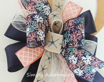 Nautical wreath bow, Nautical Navy coral Home Decor, Nautical Door Bow, Navy coral Nautical Lantern bow, Nautical bow, Nautical gift Bow