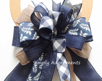 Navy Tan Farmhouse Bow, Navy Farmhouse Bow, Rustic Navy Tan Wreath Bow, Everyday Navy lantern Bow, Farmhouse Navy Tan bow, Navy Tan door bow