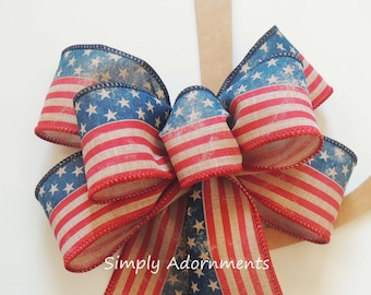 Primitive Americana Wreath Bow, Vintage Patriotic Bow, Rustic Stars and stripes Bow, July 4th door bow Fourth of July Decor Independence Bow