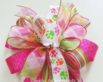 Pink Green Orange Dog paw pattern bow, Dog Paw print Door bow, Dog paw Bow, Dog Paw print accent Wreath bow, Multi colored dog paw Print bow