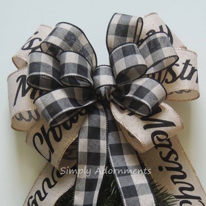 Farmhouse Christmas bow, Rustic Natural Christmas Scripts Bow, Black Buffalo Check Christmas Bow, Black tan Check Christmas Bow, Wreath bow