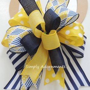 Navy Yellow wreath bow, Nautical Navy Door bow, Nautical Beach Bow, Yellow Navy Lantern bow, Yellow Navy theme bow, Nautical Wreath Bow