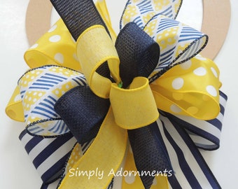 Navy Yellow wreath bow, Nautical Navy Door bow, Nautical Beach Bow, Yellow Navy Lantern bow, Yellow Navy theme bow, Nautical Wreath Bow