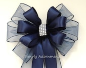Navy Blue Silver Bling Wedding Pew Bow Navy Wedding Pew Bow Navy Church Aisle Decoration Navy Bridal Shower Bow Navy Satin Wedding Chair Bow