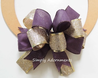 Purple Gold Christmas Bow, Sparkle Gold Eggplant Bow, Purple Gold Wreath bow, Gold Eggplant Wedding, Porch sign Bow, Door Bow, Wreath bow