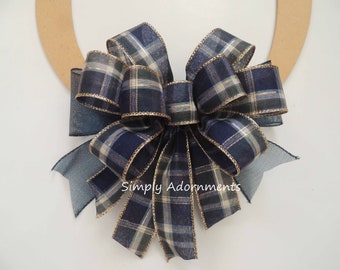 Navy Moss Gold Plaid Bow, Navy Plaid Check Bow, Midnight Navy Wreath Bow, Navy Green Gold Plaid door hanger bow, Navy Holiday Plaid Gift Bow
