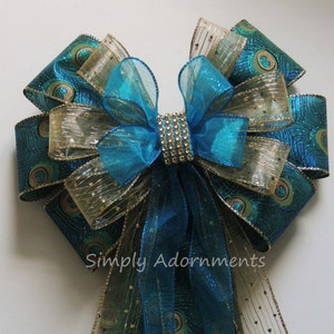 Teal gold Peacock Bow, Peacock Wedding Bow, Peacock Christmas bow, Peacock Themes Party Decor, Wedding Chair bow, Aisle bow Peacock Gift Bow