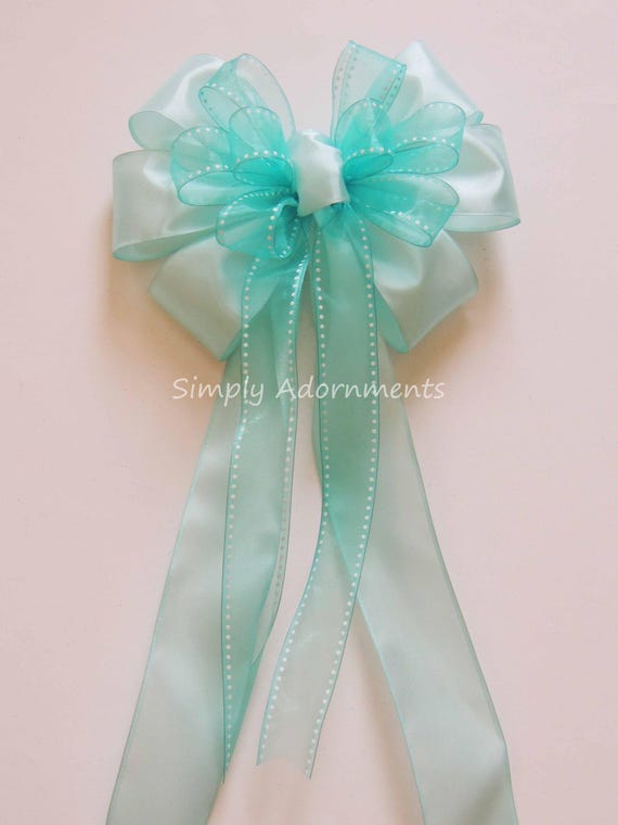 Aqua Blue Mint Bow, Mint Blue Wreath Bow, Aqua Mint Baby Shower Party Decor, Aqua Blue Birthday decor, Mint Blue Church Pew Bow, Chair bow