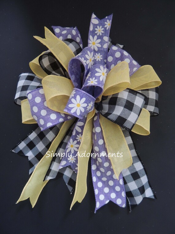 Yellow Lavender daisy bow, Lavender Daisy wreath bow, Spring Purple flowers bow, Summer Daisy Bow, Yellow purple accent wreath bow, Gift Bow