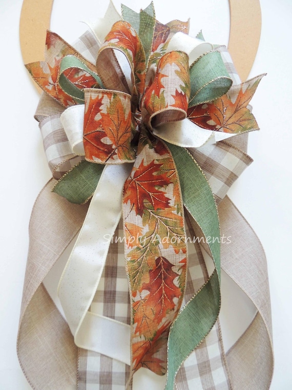 Farmhouse Fall Bow, Farmhouse Fall Check Bow, Fall Leaves Wreath Bow, Fall Beige Door Bow, Beige Tan Fall Bow, Thanksgiving Bow, Lantern bow