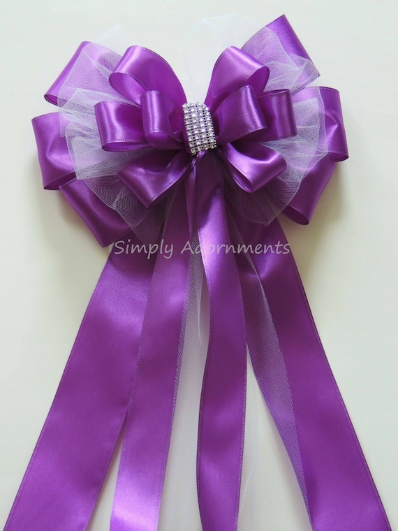 XLarge Purple Bow, Purple white Tulle Wedding Pew Bow, Purple Wedding  bow, Purple Wedding Chair Bow, Purple Church Pew Bow, Purple Door bow
