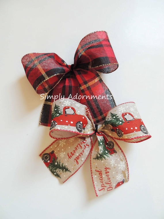 4 Mini Red Gold Christmas Bows, 4 Farmhouse Red Truck bows, 4 Red gold Plaid Bows, Red Truck sign Bows, Rustic Red Truck Farmhouse door bows
