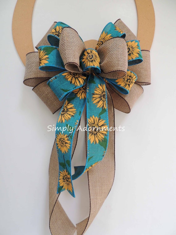 Teal Sunflowers Bow, Sunflowers Burlap Bow, Fall Wreath Bow, Fall door Bow, Teal Sunflowers Burlap door Bow, Fall Wreath Bow, Fall Sign bow