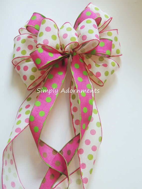 Pink Green Spring Dots Wreath Bow, Pink Green Dots Birthday Gift Bow, Pink Lime Polka Dots Baby Shower Bow, Spring dots Door hanger Bow