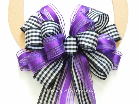 Purple Black Check Bow, Purple and Black Halloween Wreath Bow, Purple Black check Door Bow, Purple Black Pew Bow, Fall Wreath bow, Gift bow