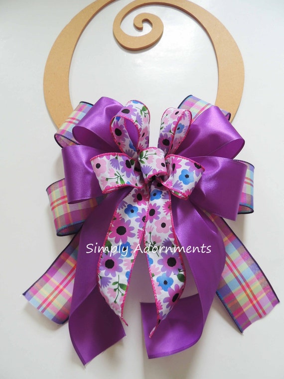 Purple Pink Plaid Flower Bow, Purple Pink door bow, Summer flowers wreath Bow, Purple heck bow, Flowers check Lantern Bow, flowers gift bow