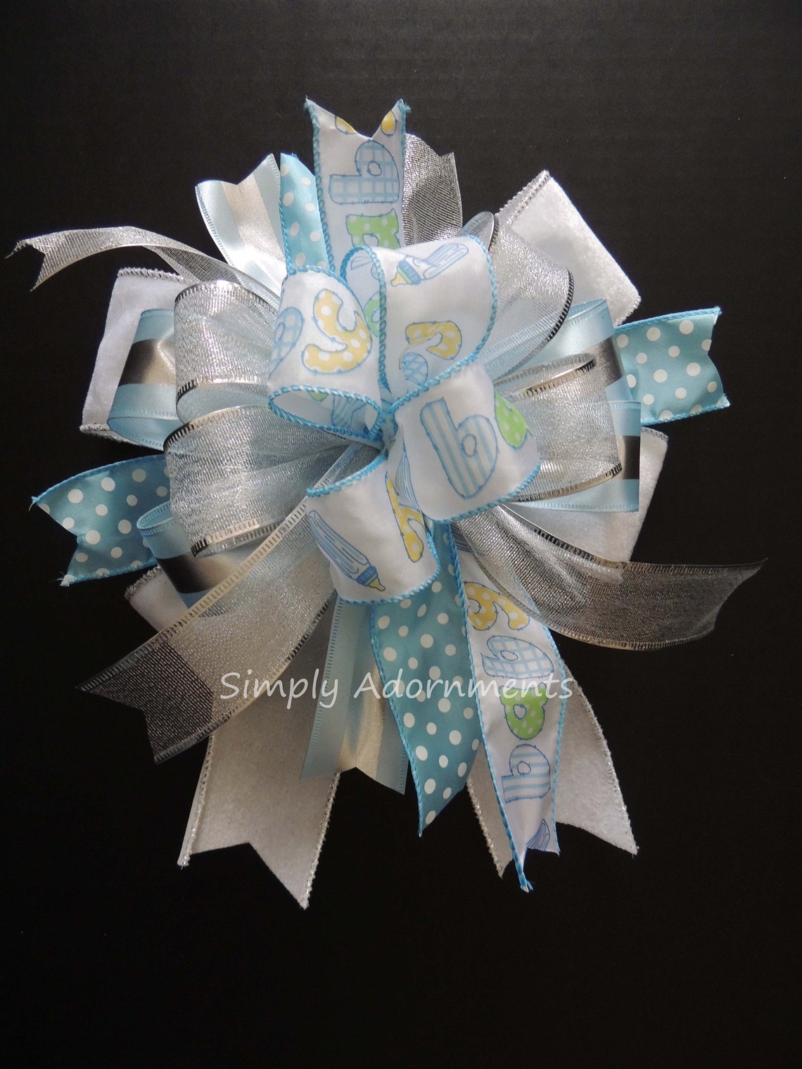 Blue Baby Shower Bow Baby Boy Gift Bow Blue Silver Baby Etsy