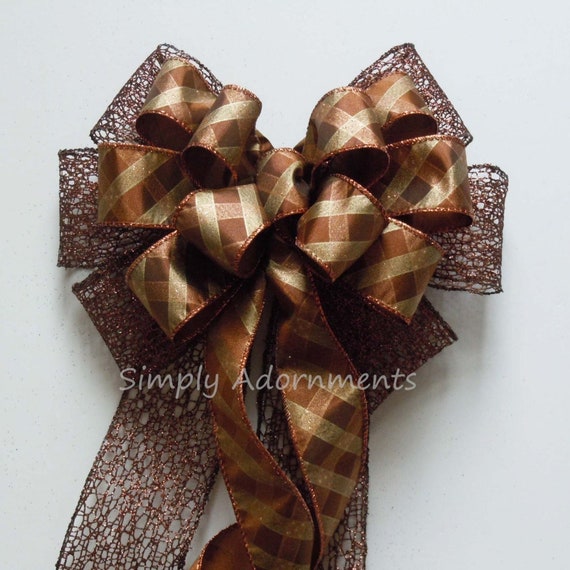 Fall Plaid Wreath Bow, Brown plaid check Bow, Autumn plaid Wedding Pew Bow, Thanksgiving Wreath Bow, Fall Plaid Door Bow Fall check Gift Bow