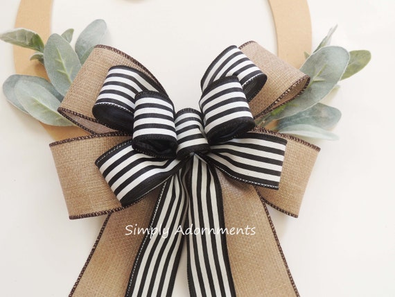Black White Stripes Bow, Sparkle Burlap black stripes Farmhouse Wreath Bow, Farmhouse Stripes lantern Bow, Black White Stripes Door bow Il_570xn