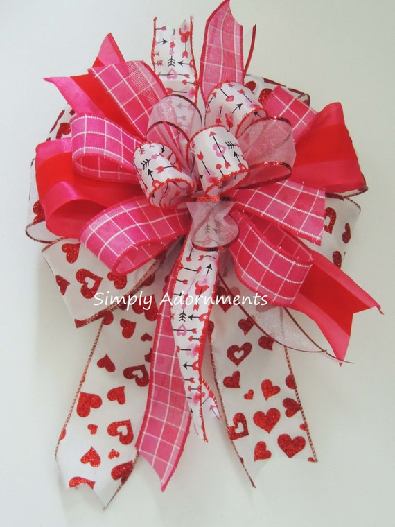 Valentine bow, Pink Red Valentine heart bow, Pink Valentine Wreath Bow, Valentine Tree Topper Bow, Valentine Lantern Bow, Valentine gift bow