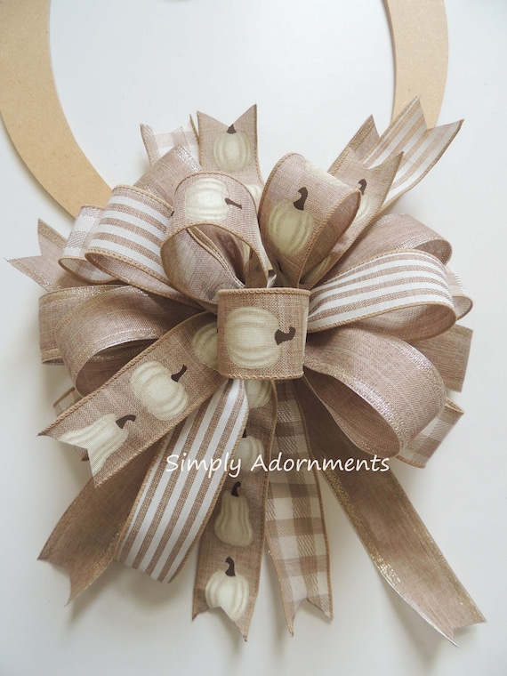Farmhouse Pumpkin Bow, Tan Beige Wreath Bow, Pumpkin tan Wreath Bow, Neutral Fall  Bow, Neutral Pumpkin bow, Beige farmhouse fall door bow