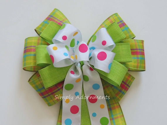 Green pink Easter Plaid Bow, Green Spring Plaid Bow, Spring Dots Plaid Bow, Pink Green Birthday Decorative bow, Spring Plaid Door bow
