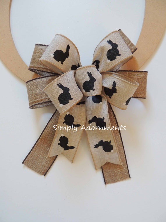 Farmhouse Easter Bunny Bow,  Burlap Easter door bow, Rustic Easter Farmhouse Gift Bow, Beige  Black Easter Bunny bow, Easter Door sign bow