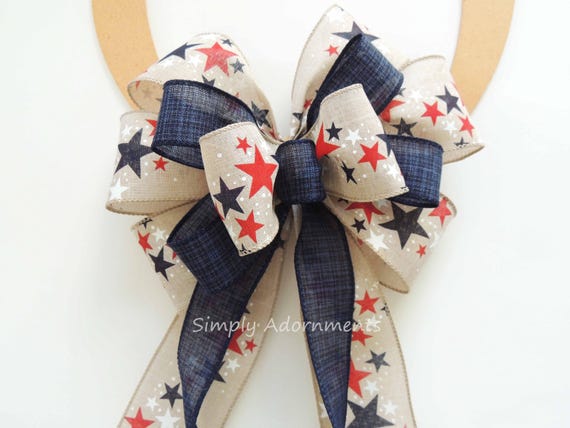 Red Navy Tan Bow, Farmhouse Patriotic Wreath Bow, Star Stripe Patriotic Bow, Door Hanger Decor, 4th of July Bow, Patriotic Door sign Accent
