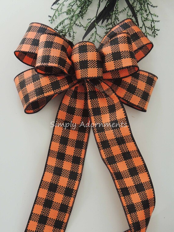 Orange Black Buffalo check Wreath Bows, Halloween Buffalo Plaid Bow, Indoor/ Outdoor Halloween Lantern Bow, Orange Buffalo Plaid Mailbox Bow Il_570xn
