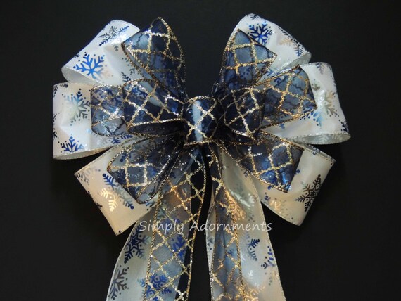 Blue Silver Snowflakes Christmas Bow, Navy Blue Silver Snowflakes Wreath Bows, Winter Wonderland Wedding Bow, White Navy Silver Tree Bow Il_570xn