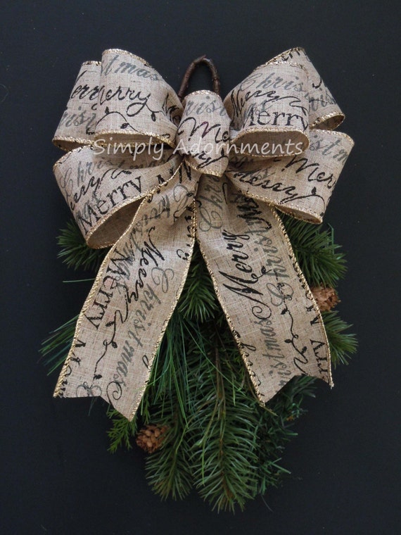 Rustic Burlap Christmas Bow, Christmas Holidays Script Burlap Bow, Merry Christmas Scripts Bow Burlap Christmas Scripts Bow Burlap Gifts Bow