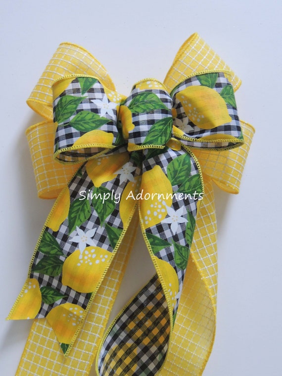 Yellow Lemon Bow, Lemon Check Wreath Bow, Yellow Summer Farmhouse Bow, Summer Wreath Embellishment, Lemon Door bow, Summer Sign door bow