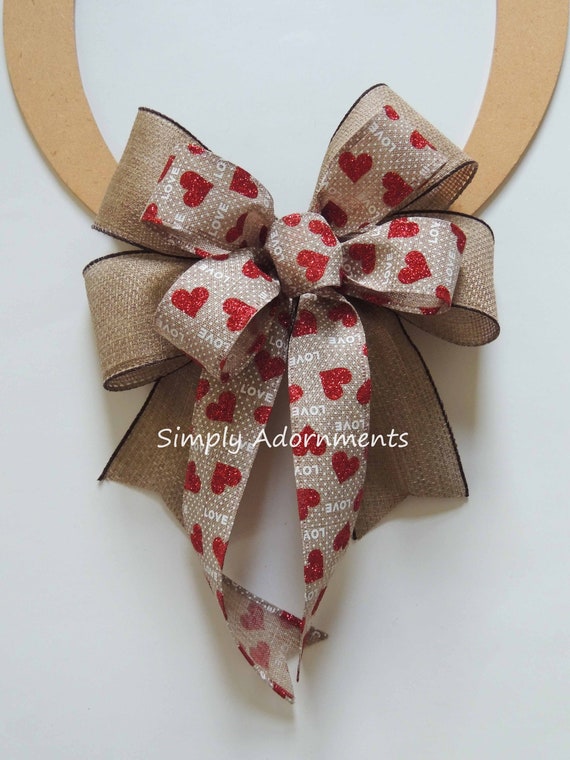 Rustic Valentine bow, Farmhouse Valentine Bow, Valentine Red heart Burlap Bow, Valentine Burlap Wreath Bow, Valentine door Bow, Gift Bow