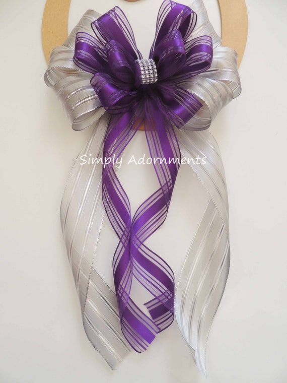 Purple Silver Wreath Bow, Purple Silver Church pew bow, Purple Silver Birthday party, Purple Silver Ceremony Chair Bow, Church aisle Bow Il_570xn