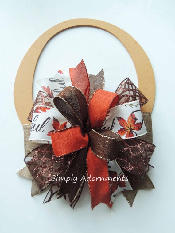 Fall Leaves Print Bow, Autumn Wreath Decoration, Thankful Pattern Bow, Brown Sign decor